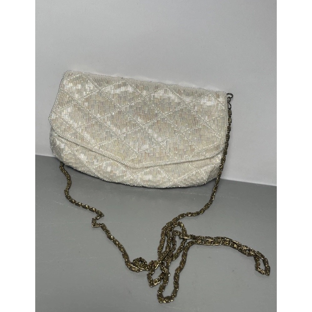 Women's Silver Iridescent Beaded Evening Envelope Clutch‎ Purse Chain Handle Bag